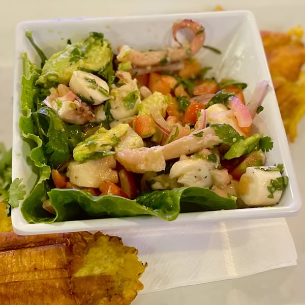 Colombian ceviche with shrimp, avocado, and vegetables in a white bowl, served with fried plantains.