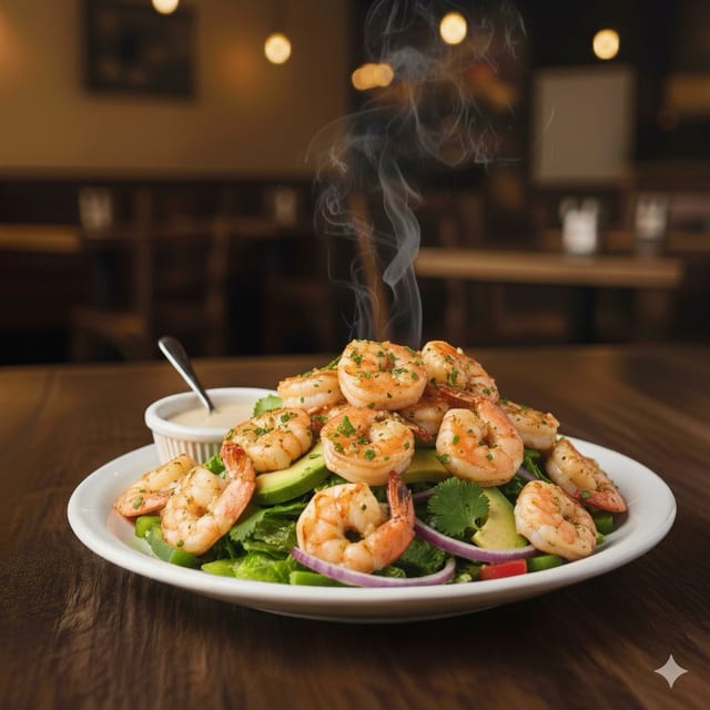 Ensalada Saoco Con Camarones al Ajillo/ Shrimp Scampi Over Saoco’s Salad.